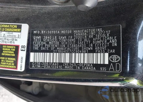 2012 Toyota Corolla L from USA, damaged, VIN 2T1BU4EE7CC904981